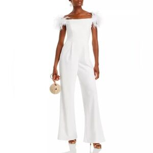 Aqua Off-the-Shoulder Feather Trim Jumpsuit - white (ivy) size 12